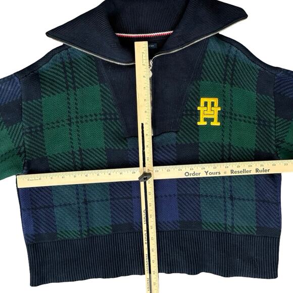 Tommy Hilfiger Blue Green Plaid Tartan Yellow Logo Quarter Zip Sweater size L - Picture 3 of 13